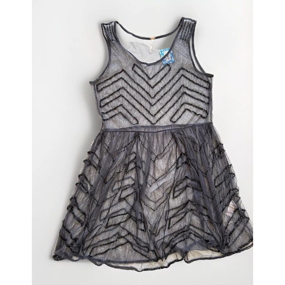 New REVOLVE Free People S Embellished Beaded Mesh Mini Slip Dress Charcoal Sheer